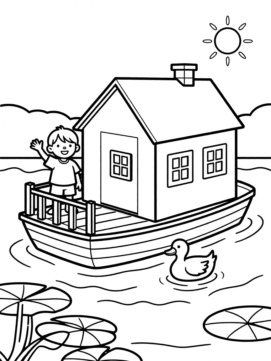 A cute drawing of a small houseboat.