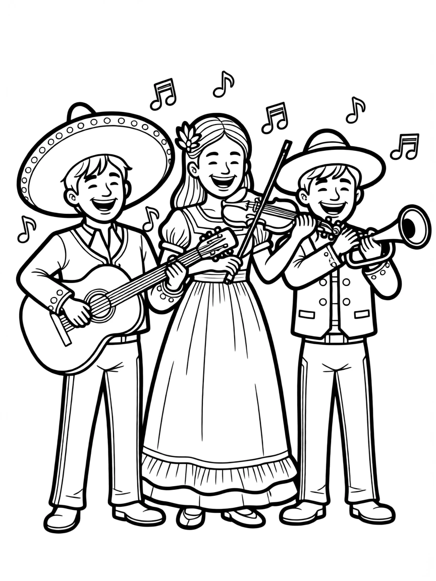 A cartoon-style drawing of a cheerful mariachi band.