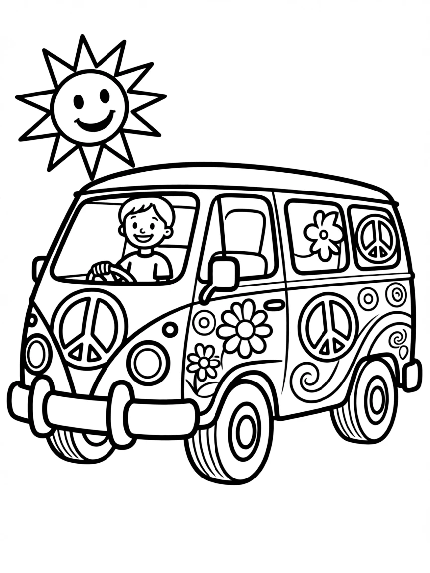 A cartoon-style drawing of a cheerful flower power van.