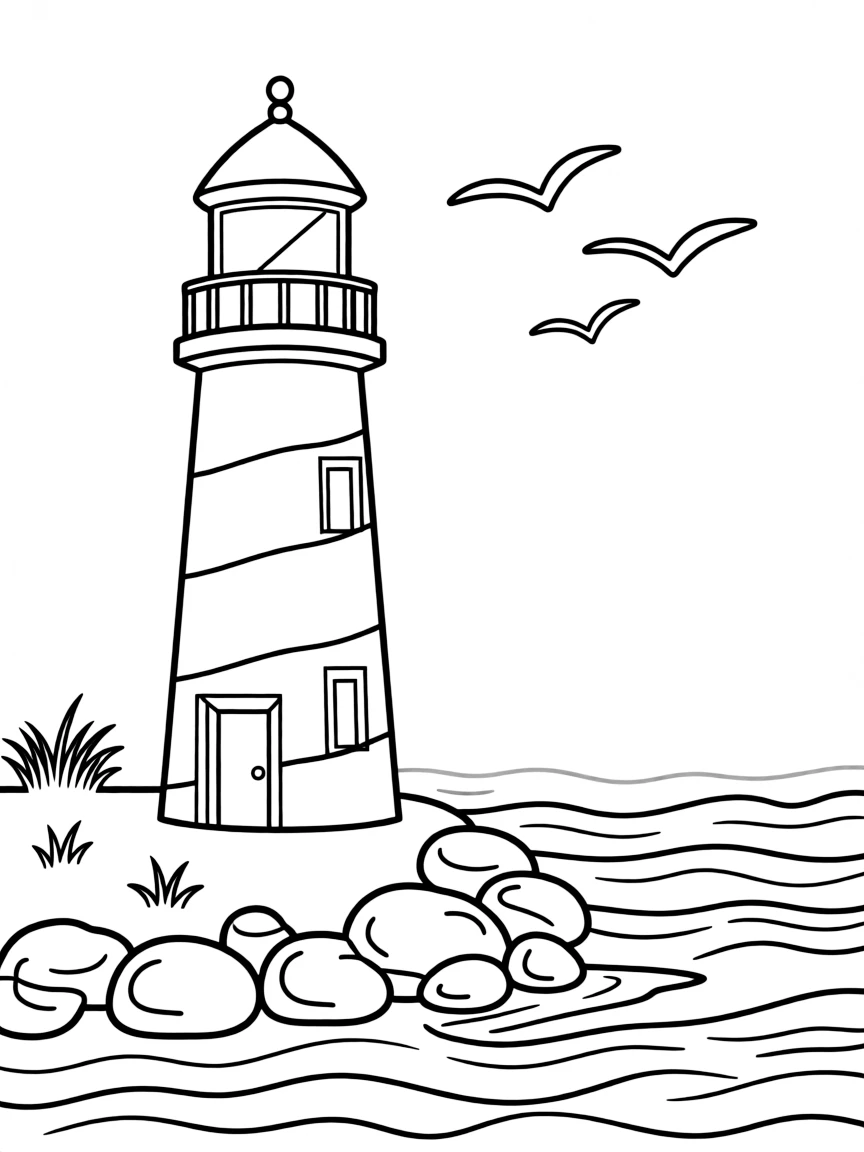 A simple outline of a lighthouse on the coast.