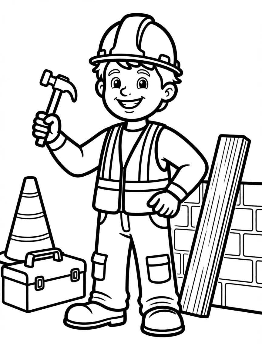A cartoon-style drawing of a cheerful construction worker.