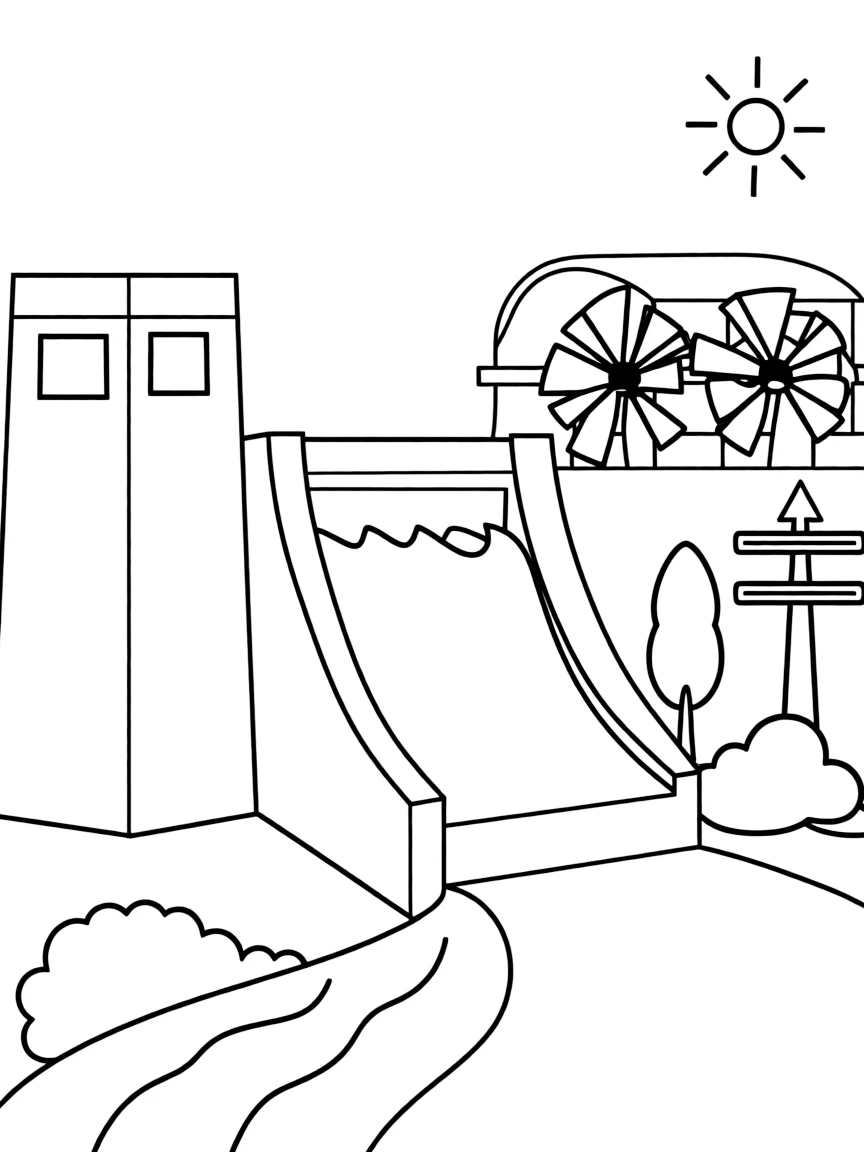 A simplified drawing of a hydroelectric power plant.