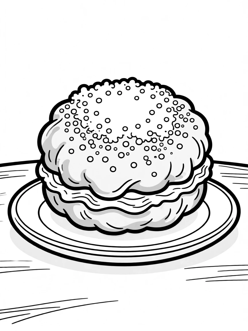 A cute drawing of a delicious beignet with powdered sugar.