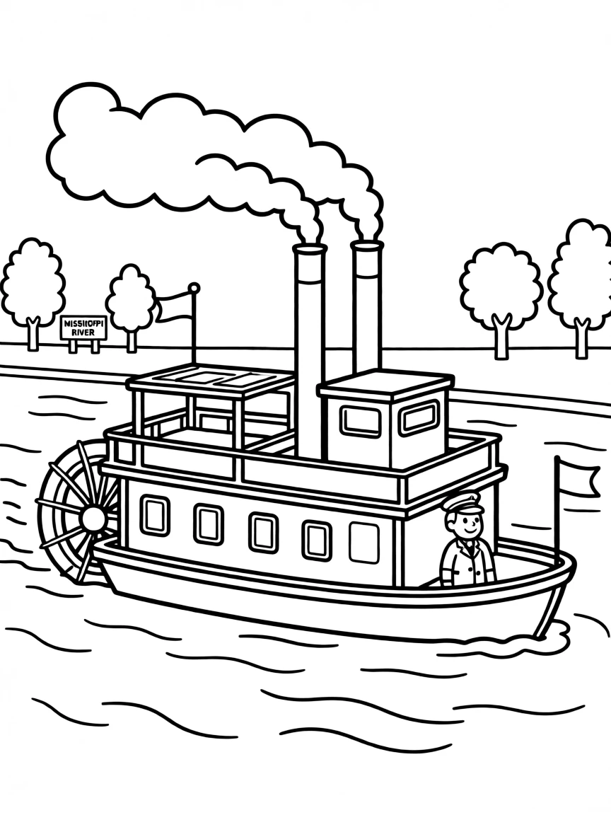 A drawing of a simplified steamboat on the Mississippi.