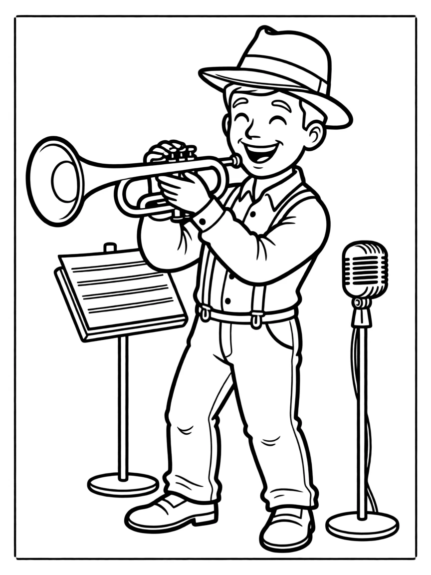 A cartoon-style drawing of a cheerful jazz musician.