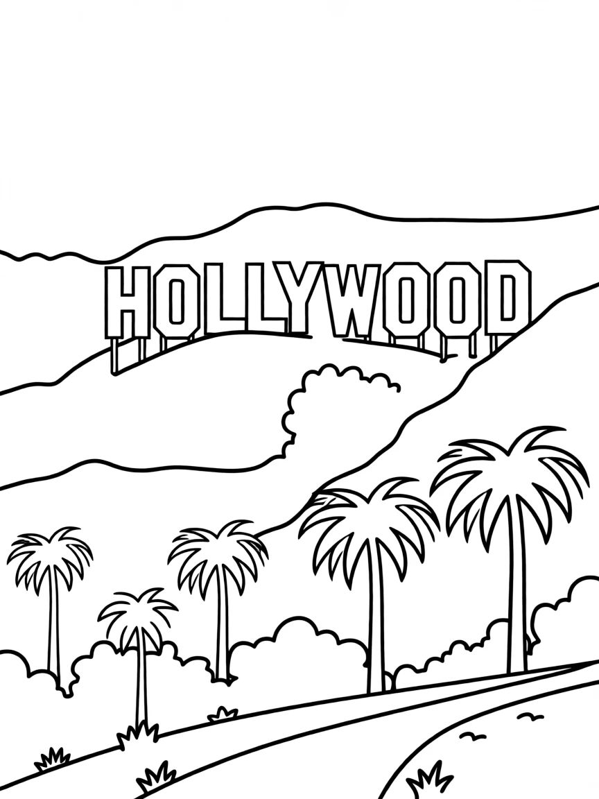 A simple outline of Hollywood, Los Angeles, USA, with the sign.