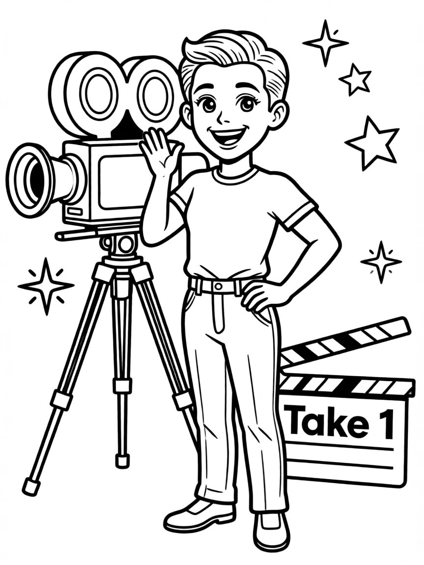 A cartoon-style drawing of a cheerful movie star.