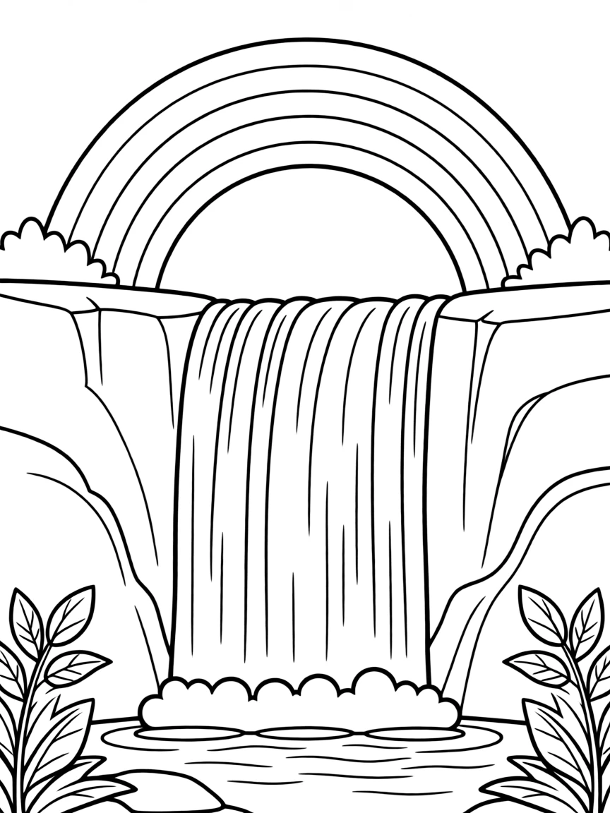 A cartoon-style drawing of a friendly rainbow over the falls.