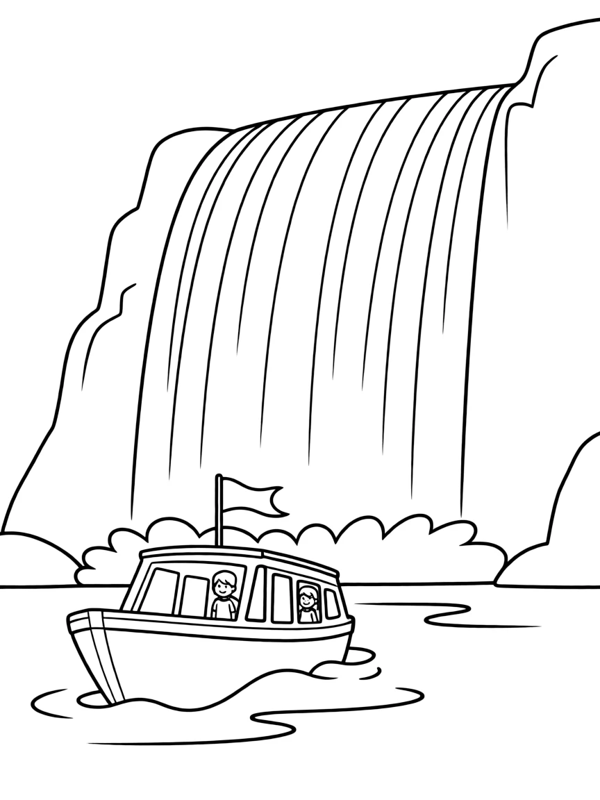 A simplified drawing of a boat approaching the falls.