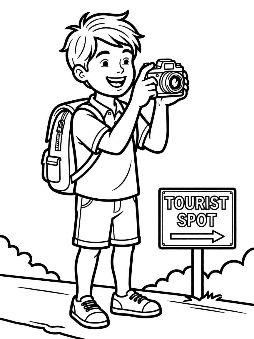 A cartoon-style drawing of a cheerful tourist taking a picture.