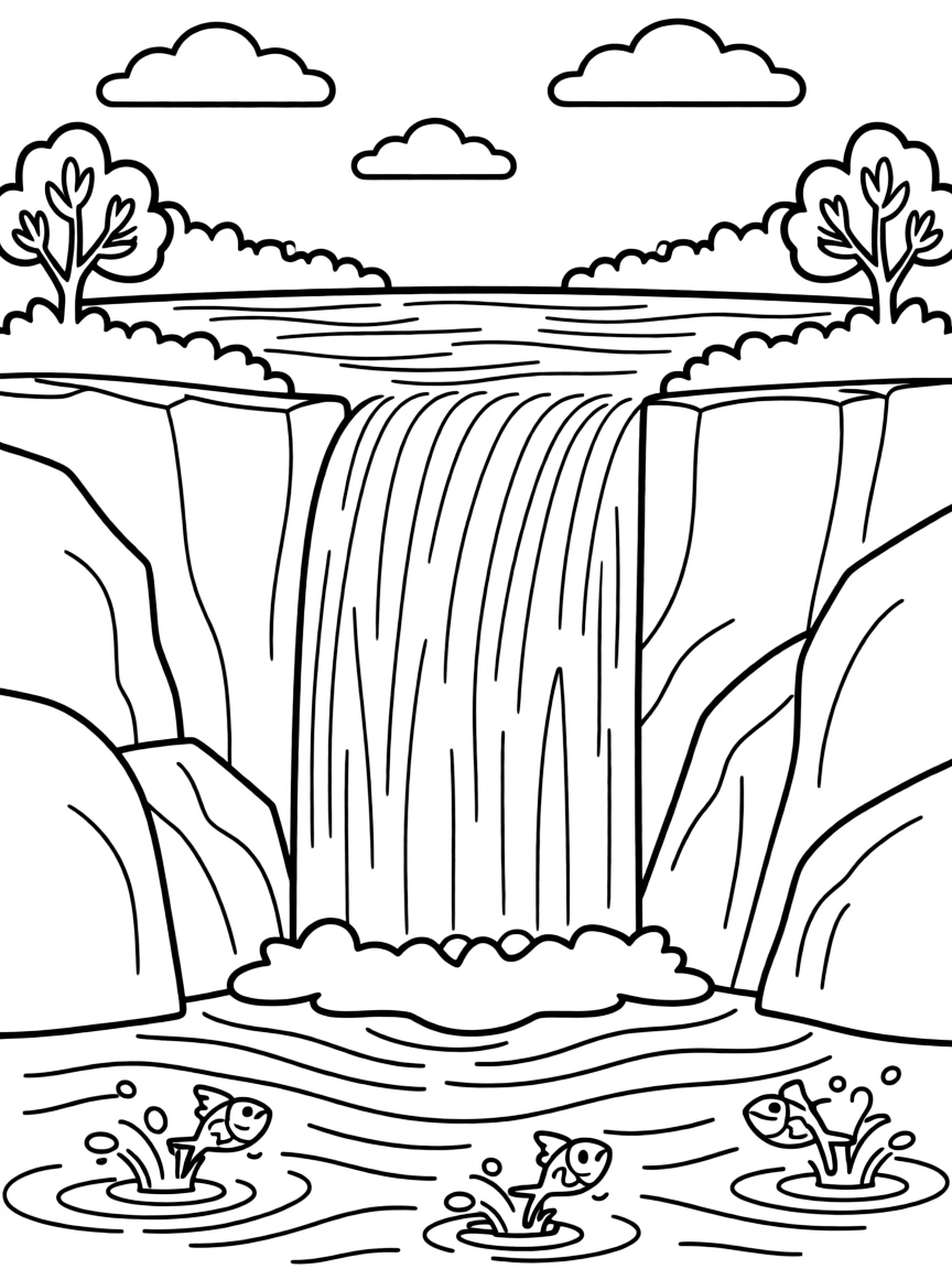 A simplified drawing of a powerful waterfall.