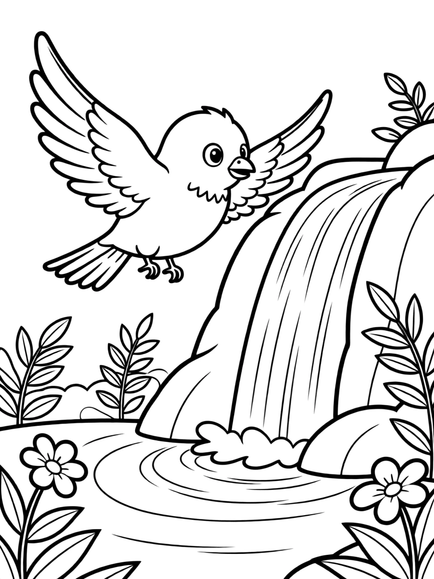 A cute drawing of a small bird flying near the falls.