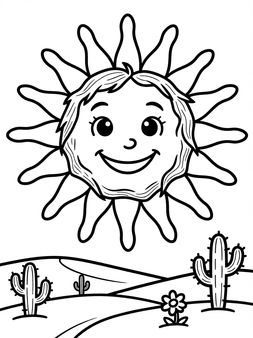 A cute drawing of a bright desert sun.