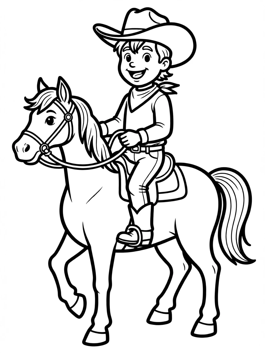 A cartoon-style drawing of a cheerful cowboy on a horse.