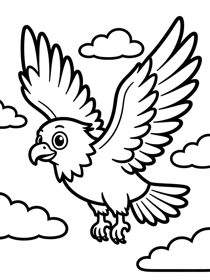 A cute drawing of a small eagle soaring.