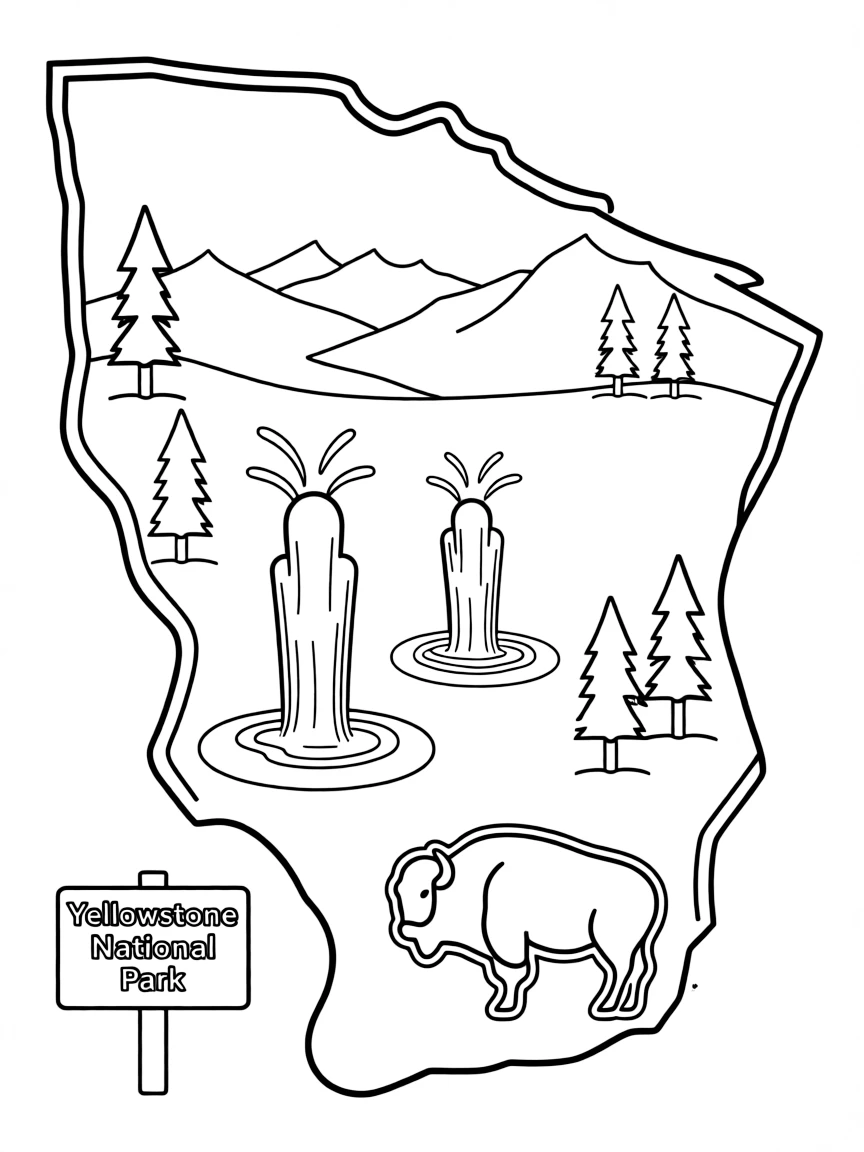 A simple outline of Yellowstone National Park, Wyoming, USA.