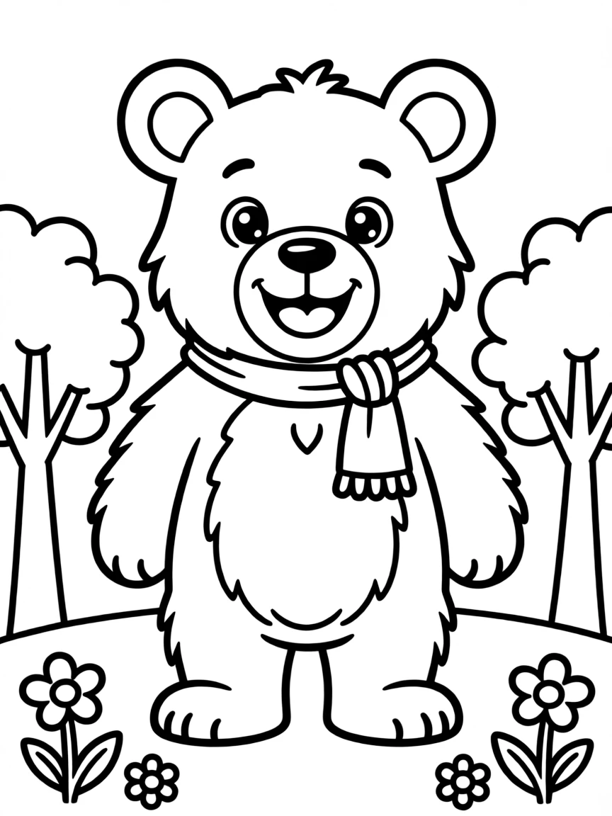 A cute drawing of a cheerful grizzly bear.