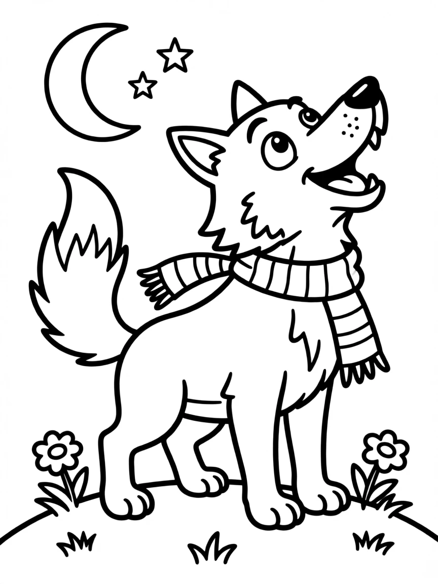 A cartoon-style drawing of a cheerful wolf howling.