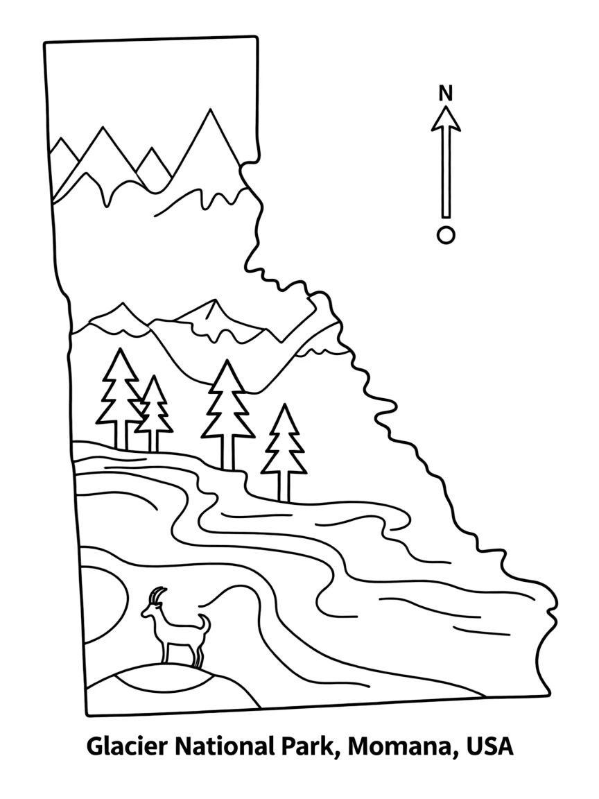 A simple outline of Glacier National Park, Montana, USA.