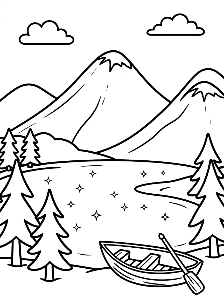 A cute drawing of a sparkling mountain lake.