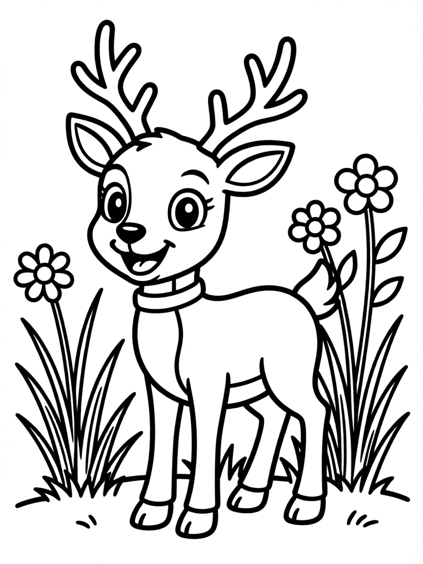 A cartoon-style drawing of a cheerful deer.