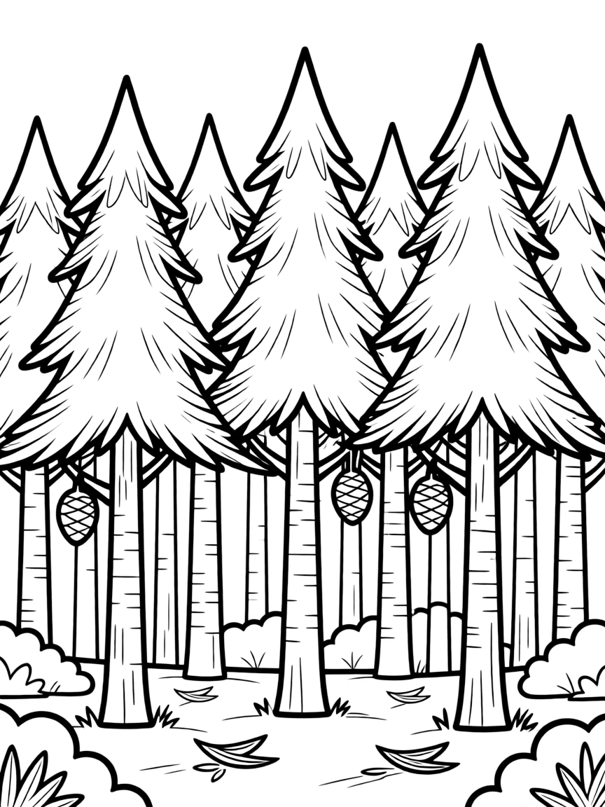 A simplified drawing of a dense pine forest.