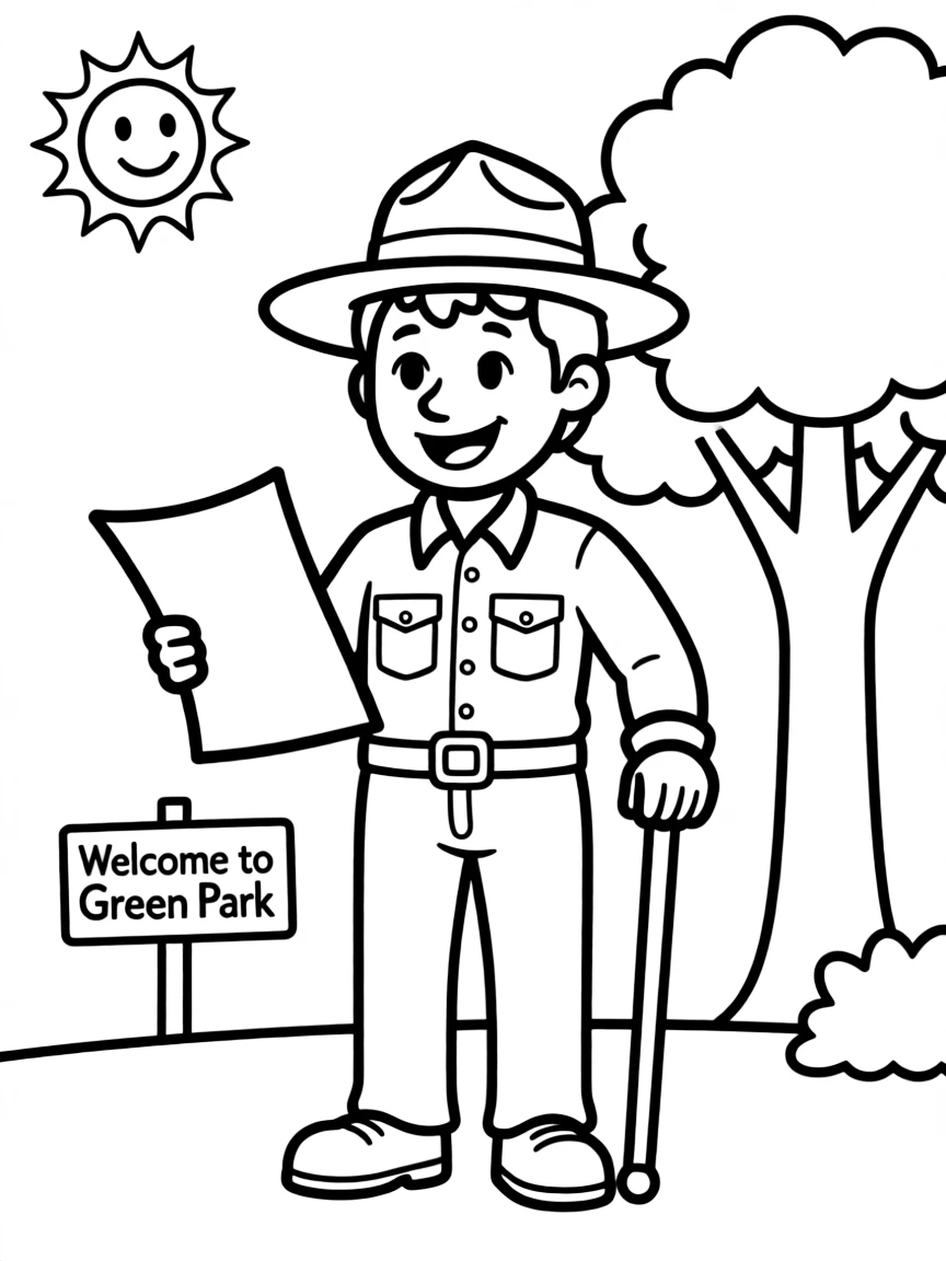 A cartoon-style drawing of a cheerful park ranger.