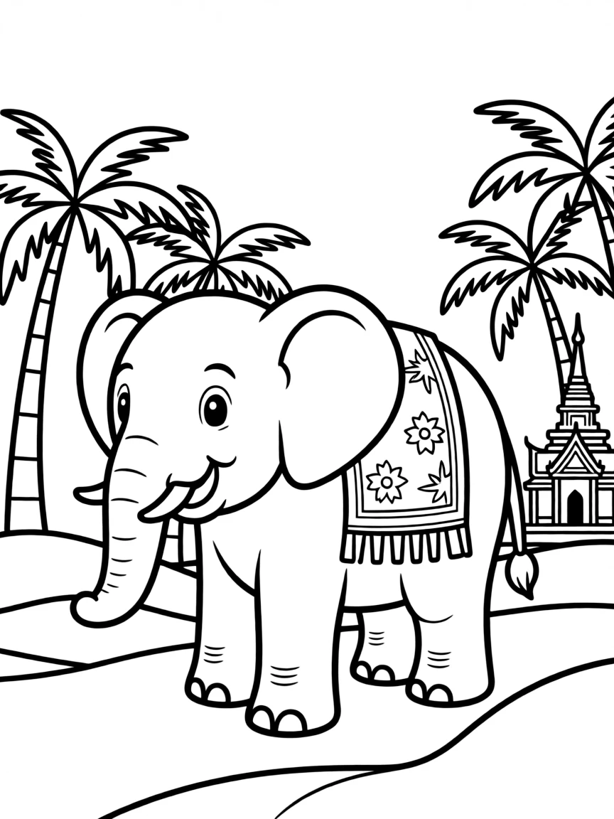 A cartoon-style drawing of a friendly elephant in Thailand for coloring.