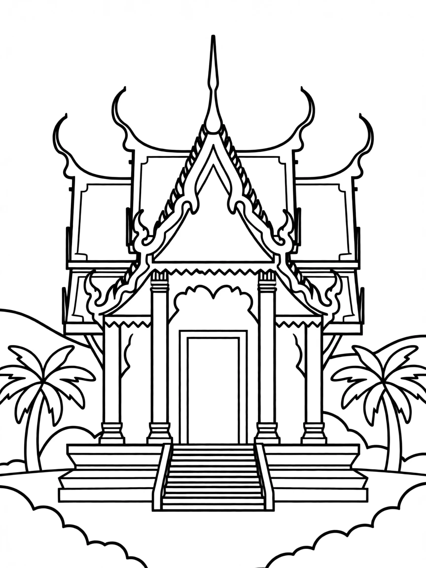 A simplified drawing of a traditional Thai temple for coloring.