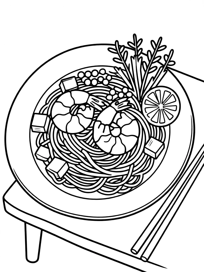 A cute drawing of a delicious Pad Thai for coloring.