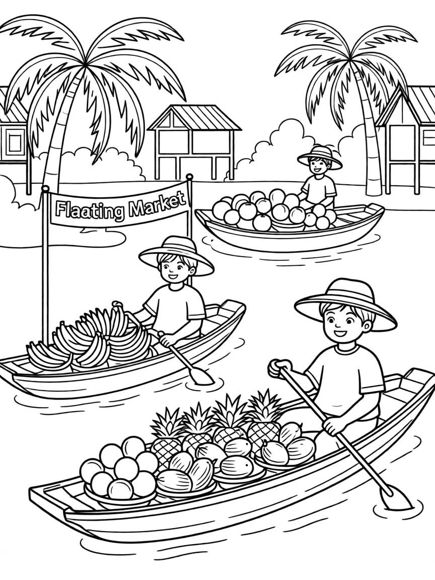 A drawing of a simplified floating market in Thailand for coloring.