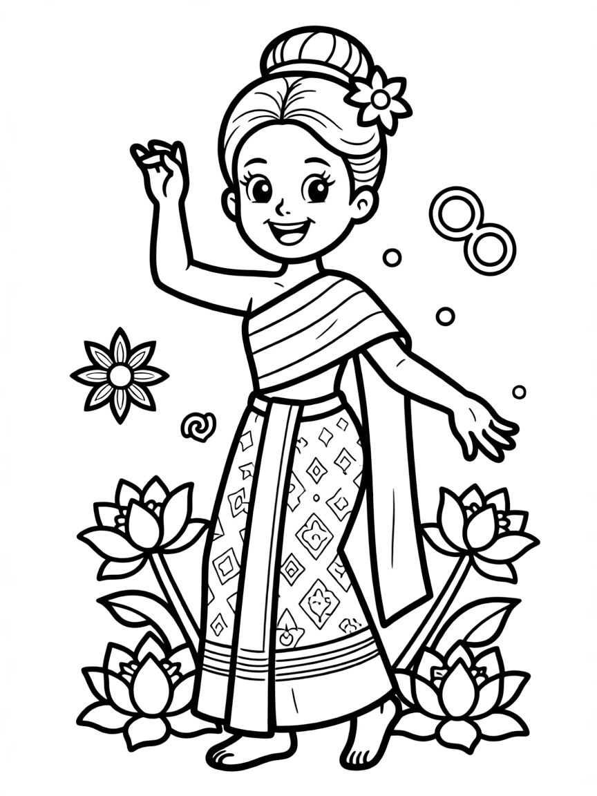 A cartoon-style drawing of a cheerful Thai dancer for coloring.