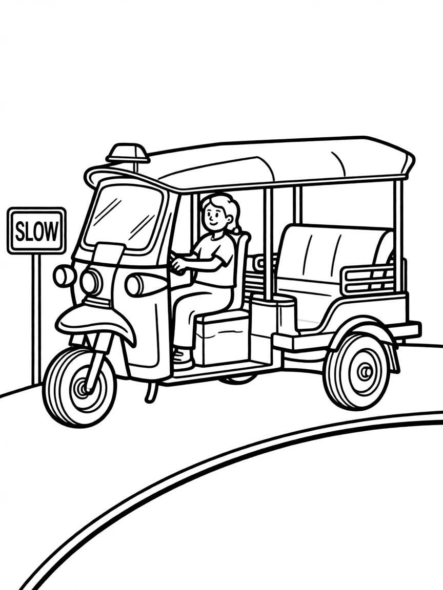 A simplified drawing of a tuk-tuk for coloring.