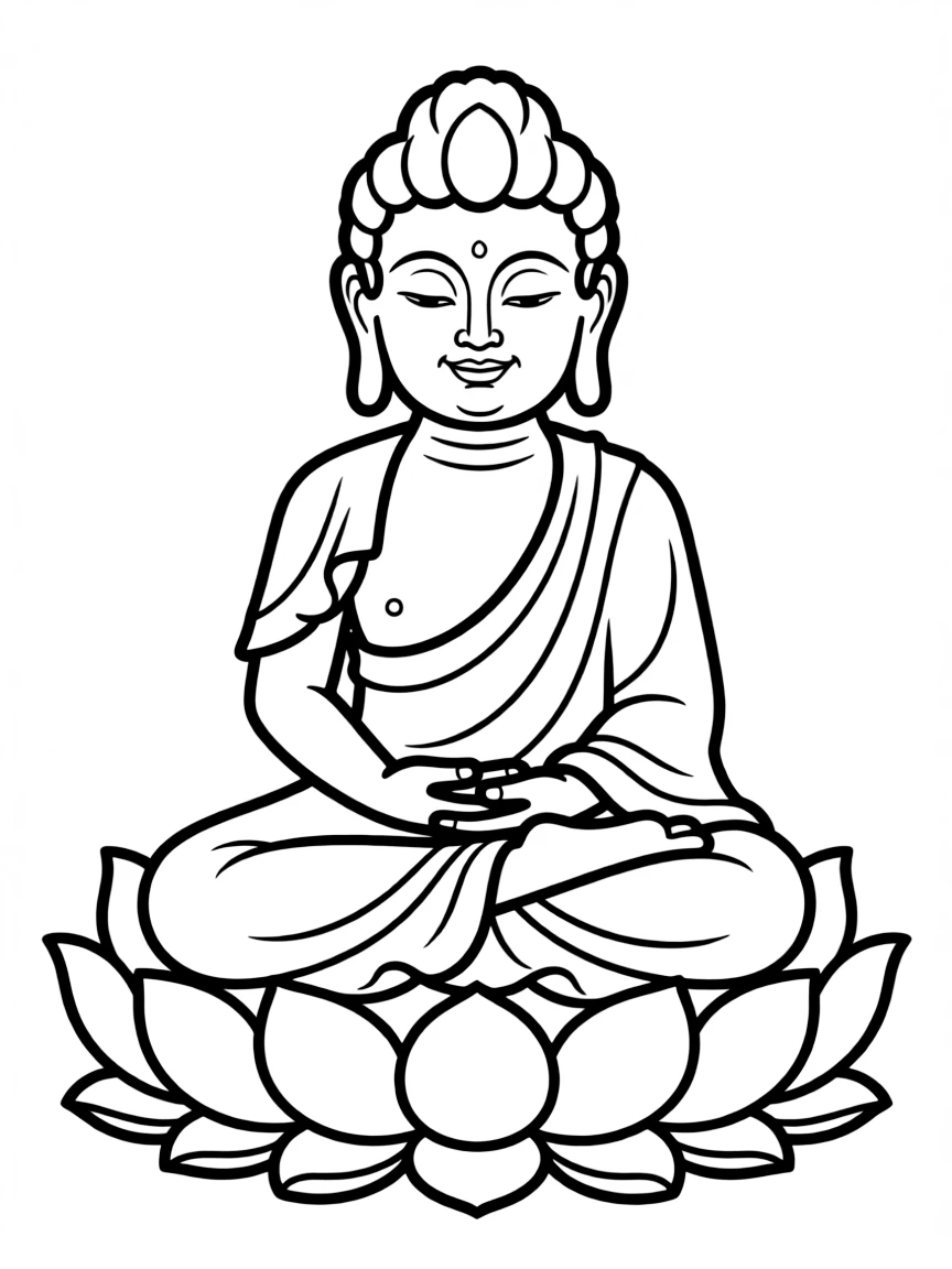 A simple outline of a smiling Buddha statue for coloring.