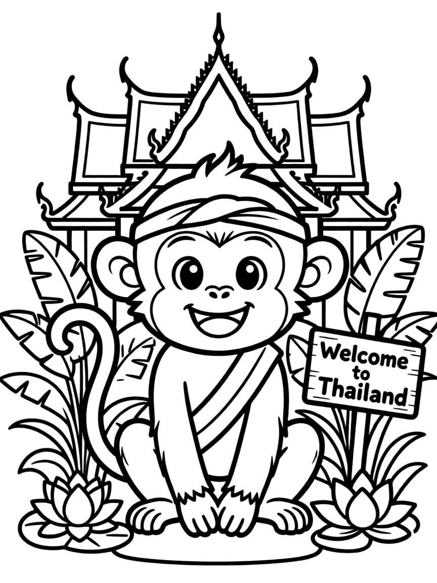 A cute drawing of a happy monkey in Thailand for coloring.