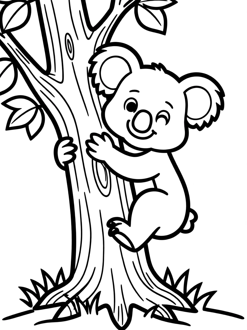 A cartoon-style drawing of a koala bear hugging a tree for coloring.