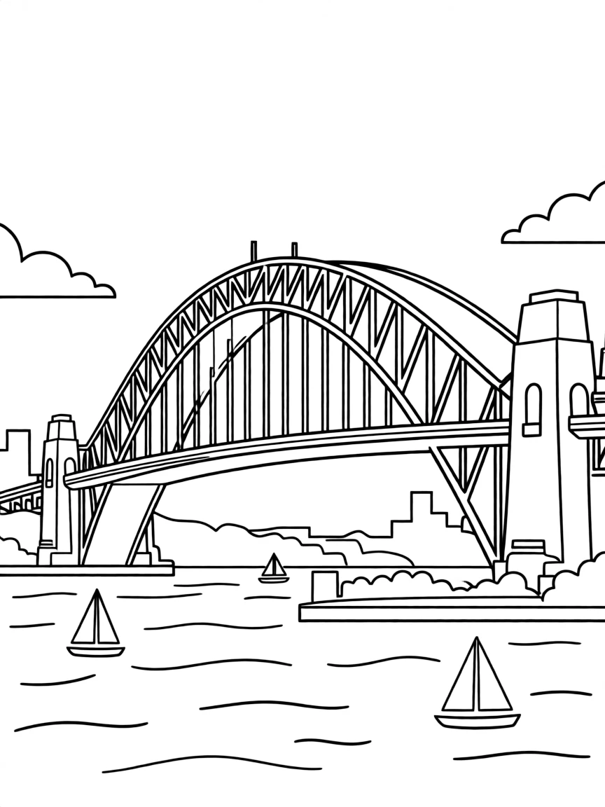 A drawing of a simplified Sydney Harbour Bridge for coloring.
