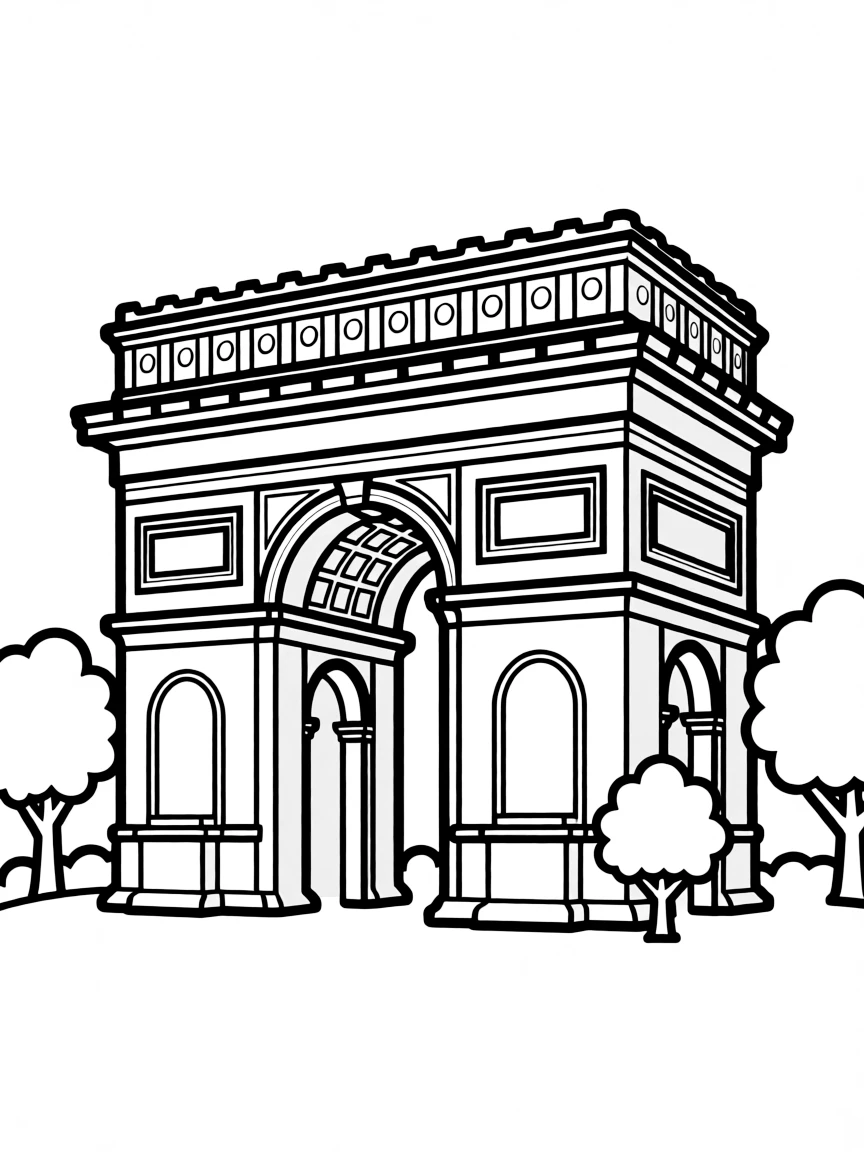 A simple outline of the Arc de Triomphe for coloring.