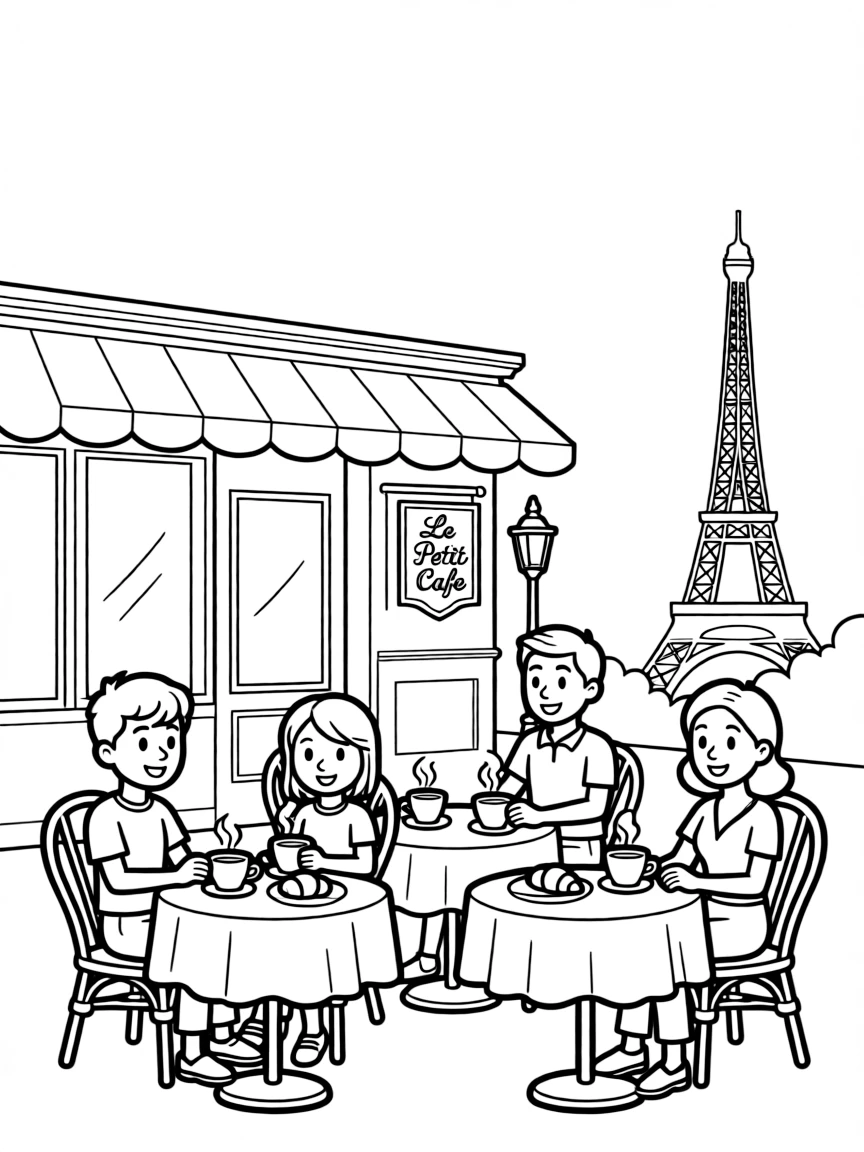 A drawing of a happy Parisian cafe scene for coloring.