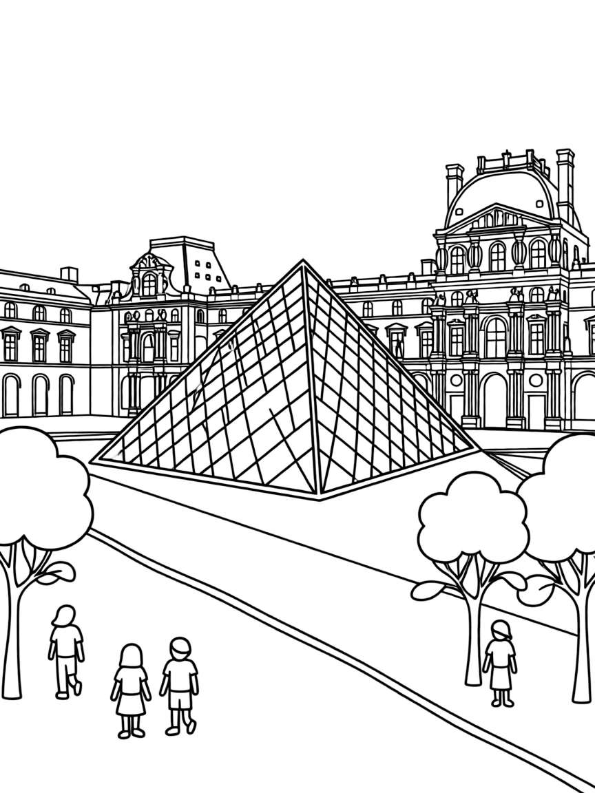 A simplified drawing of the Louvre Museum for coloring.