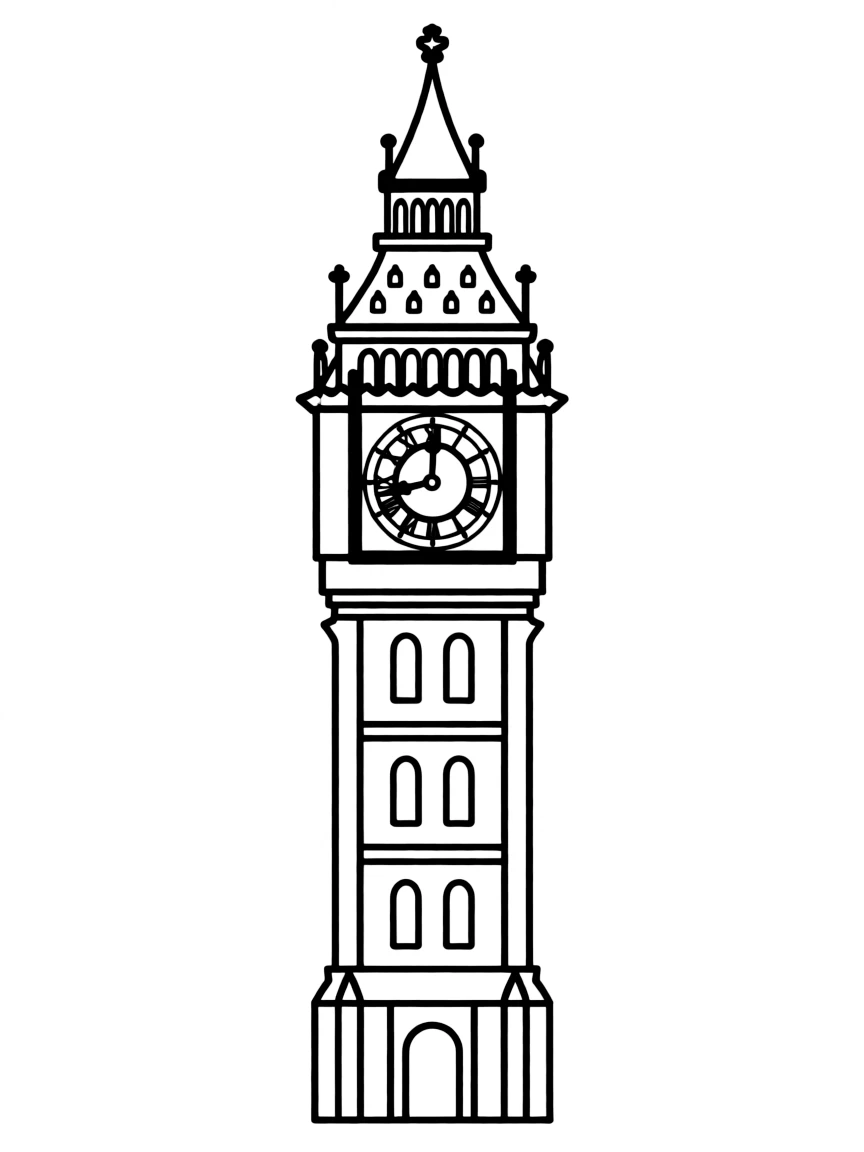 A simple outline of Big Ben for coloring.