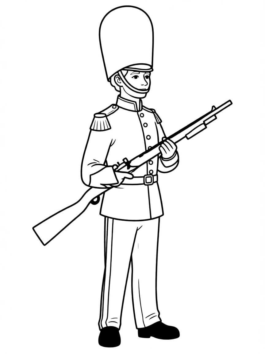 A cartoon-style drawing of a Queen's Guard for coloring.