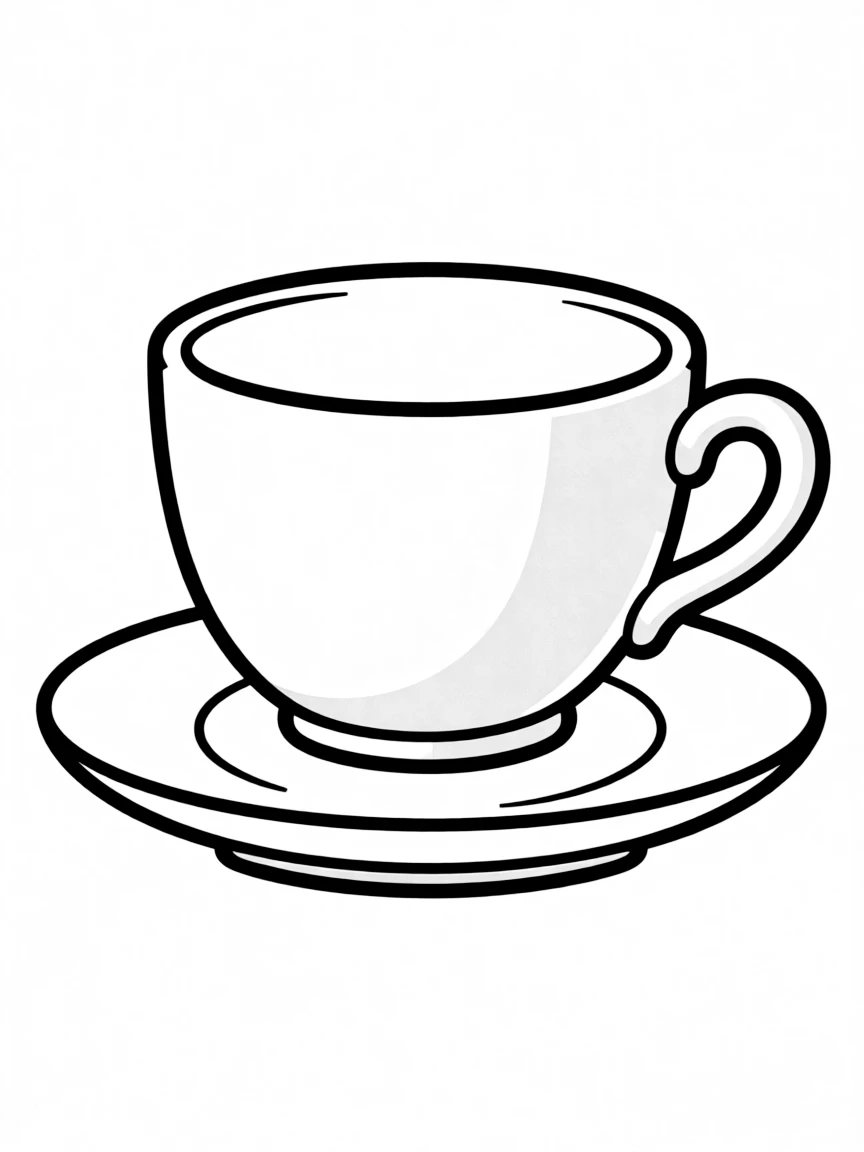 A simplified drawing of a teacup and saucer for coloring.