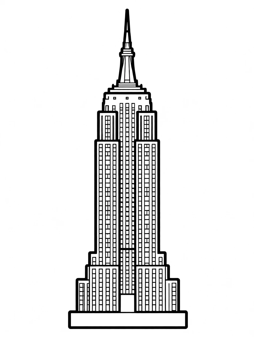 A cartoon-style drawing of the Empire State Building for coloring.