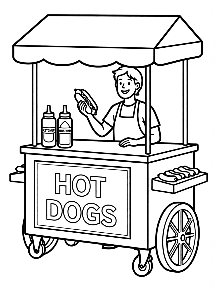 A simple outline of a hot dog stand for coloring.