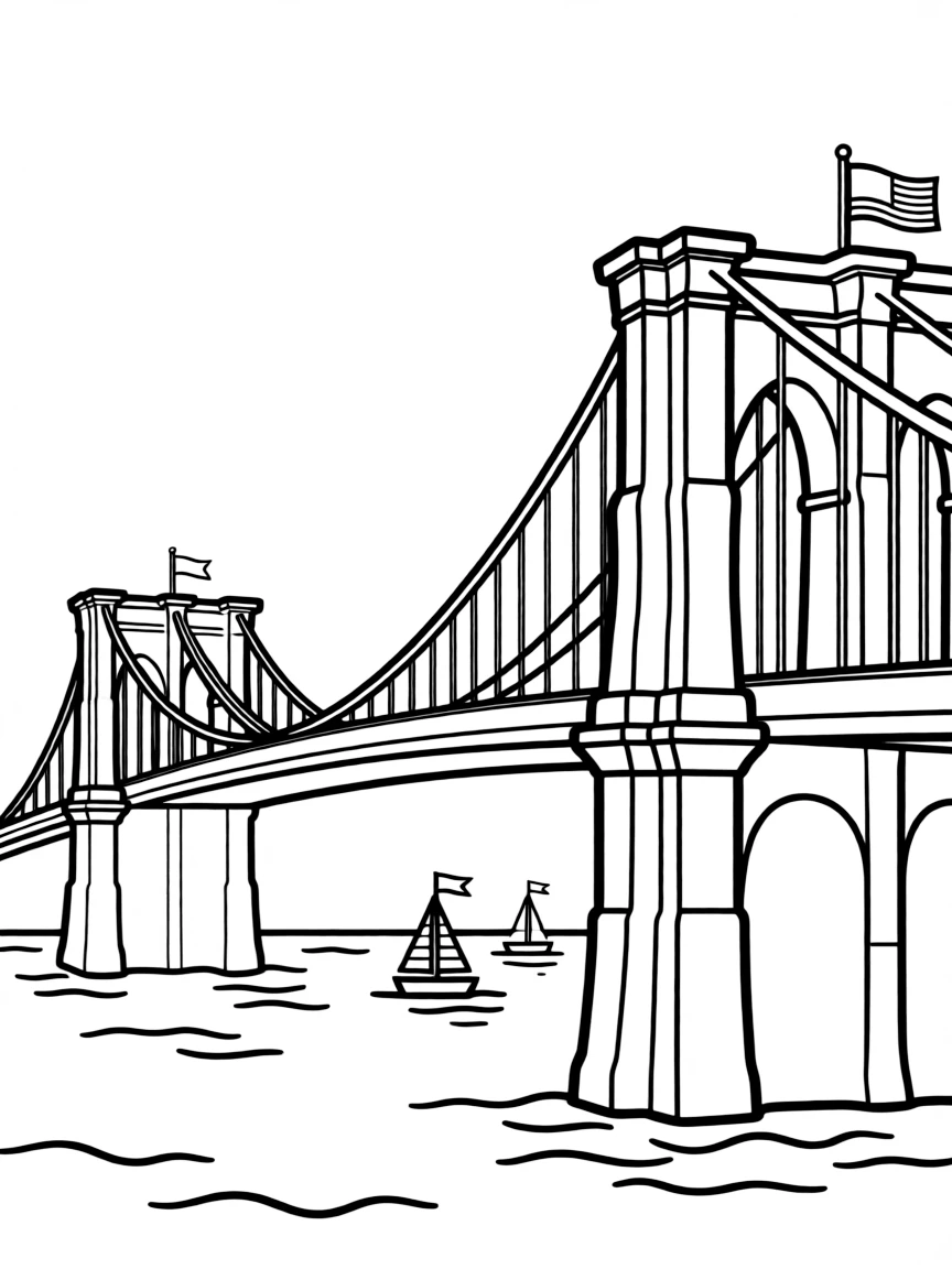 A simplified drawing of the Brooklyn Bridge for coloring.