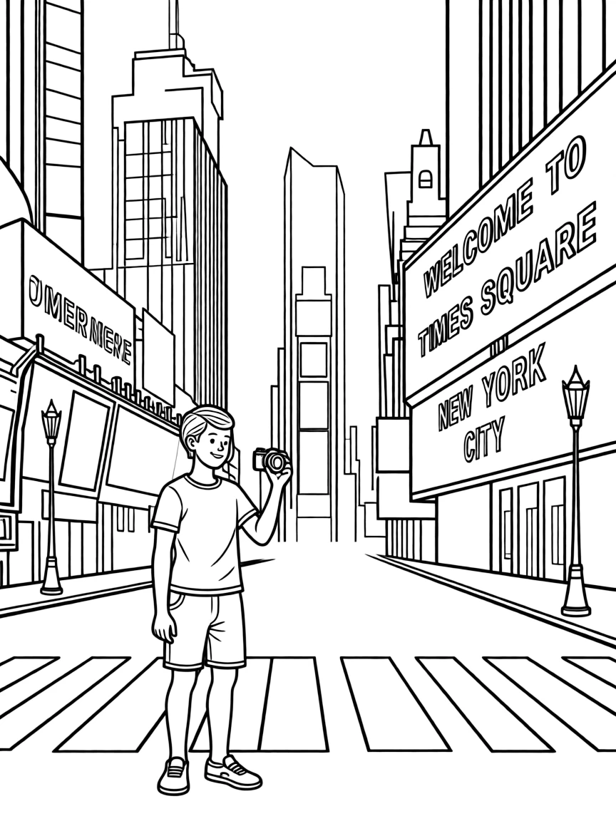 A drawing of a happy tourist in Times Square for coloring.