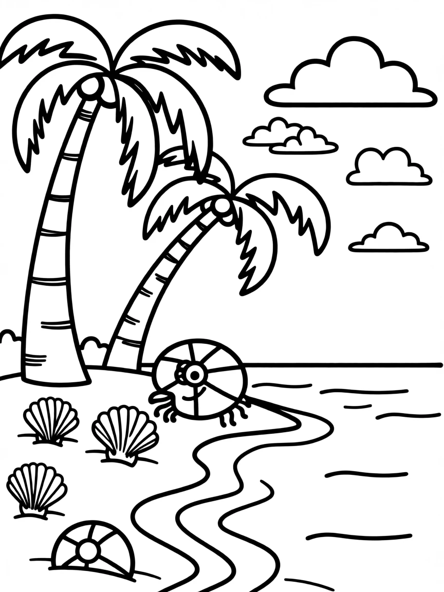 A cute drawing of a tropical beach with palm trees for coloring.