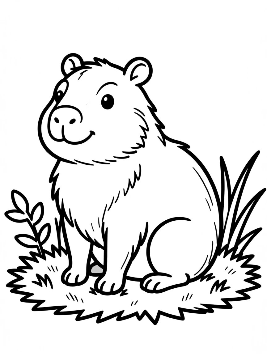 A drawing of a happy capybara for coloring.