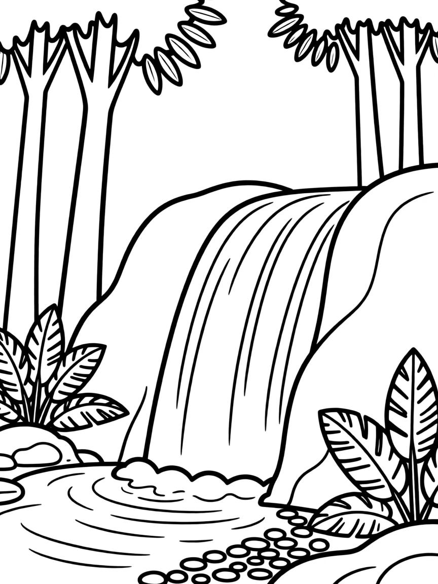 A simplified drawing of a waterfall in Brazil for coloring.